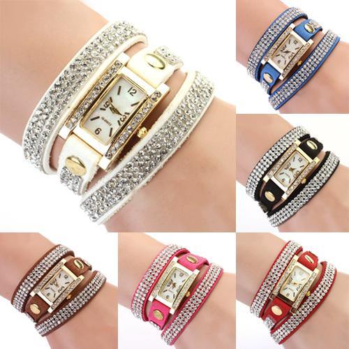 Lady Vintage Square Dial Rhinestone Multilayer Faux Leather Bracelet Wrist Watch - MRSLM