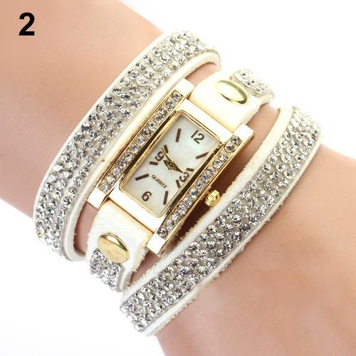 Lady Vintage Square Dial Rhinestone Multilayer Faux Leather Bracelet Wrist Watch - MRSLM