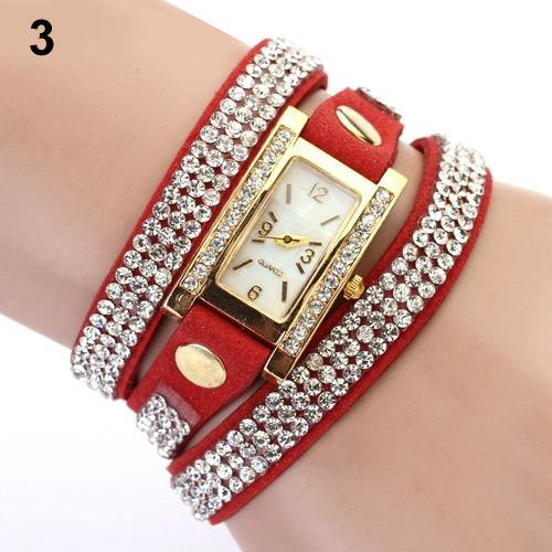 Lady Vintage Square Dial Rhinestone Multilayer Faux Leather Bracelet Wrist Watch - MRSLM