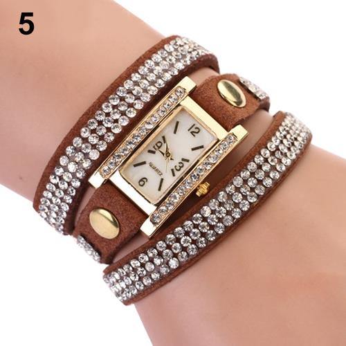 Lady Vintage Square Dial Rhinestone Multilayer Faux Leather Bracelet Wrist Watch - MRSLM