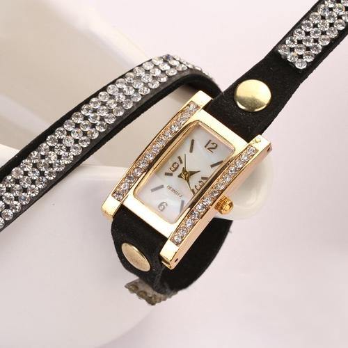 Lady Vintage Square Dial Rhinestone Multilayer Faux Leather Bracelet Wrist Watch - MRSLM