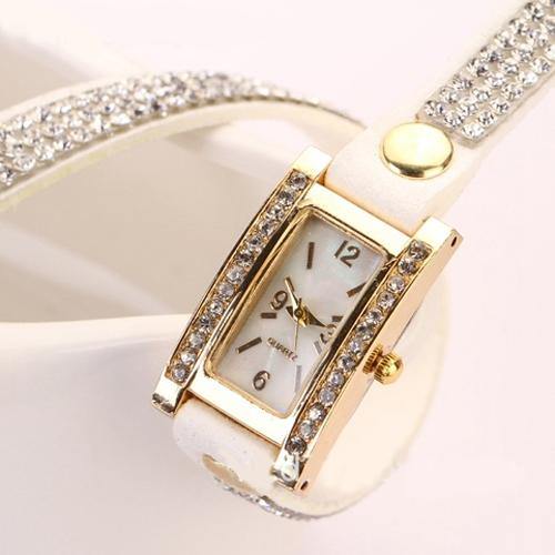 Lady Vintage Square Dial Rhinestone Multilayer Faux Leather Bracelet Wrist Watch - MRSLM