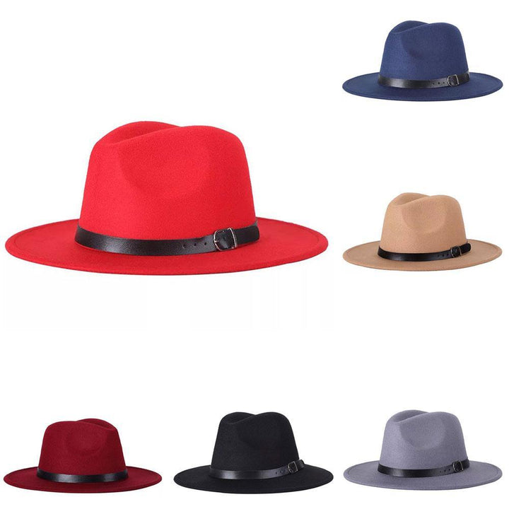 Vintage Unisex Autumn Winter Fedora Wide Brim Cap Outdoor Casual Hat with Belt - MRSLM