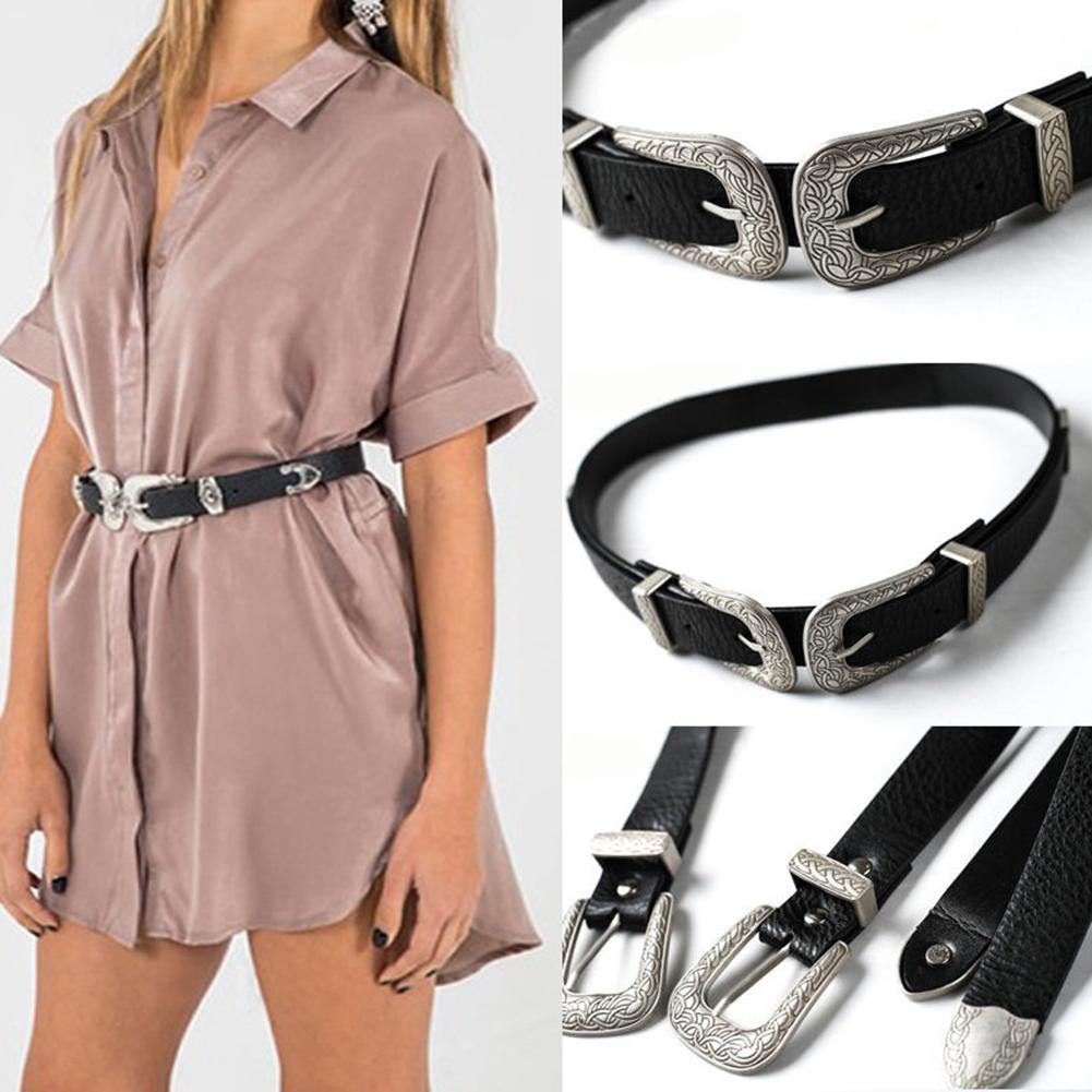 Women Faux Leather Single/Double Buckle Western Cowgirl Waist Belt Waistband - MRSLM