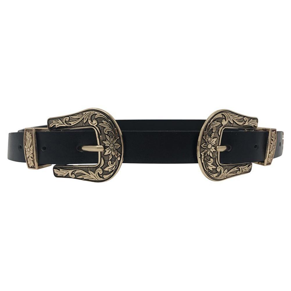 Women Faux Leather Single/Double Buckle Western Cowgirl Waist Belt Waistband - MRSLM