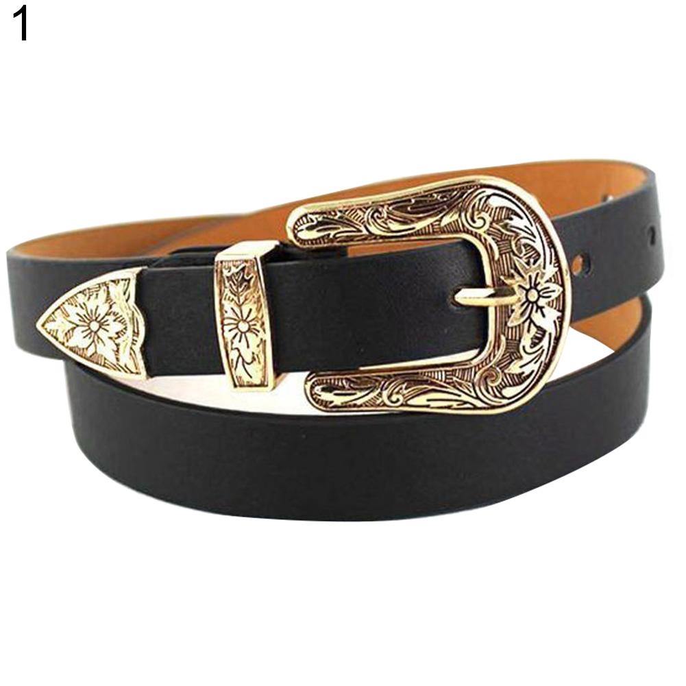 Women Faux Leather Single/Double Buckle Western Cowgirl Waist Belt Waistband - MRSLM