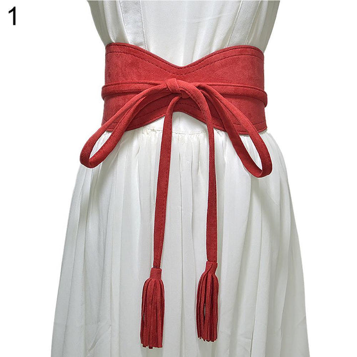 Fashion Women Solid Color Faux Leather Tassel Bow Tie Wide Belt Corset Waistband - MRSLM