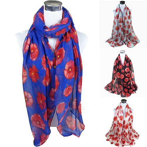 Women's Fashion Sexy Poppy Flowers Print Chiffon Comfortable Shawl Long Scarf - MRSLM