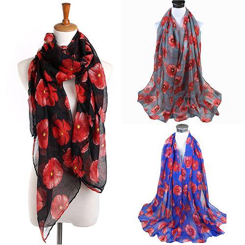 Women's Fashion Sexy Poppy Flowers Print Chiffon Comfortable Shawl Long Scarf - MRSLM