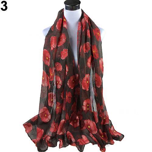 Women's Fashion Sexy Poppy Flowers Print Chiffon Comfortable Shawl Long Scarf - MRSLM