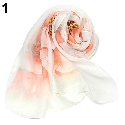 Women Elegant Begonia Flower Pattern Soft Long Scarf Shawl Chiffon Neck Scarves - MRSLM