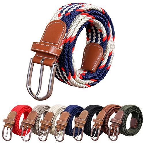 Men's Women's Canvas Plain Webbing Metal Buckle Woven Stretch Waist Belt Strap - MRSLM