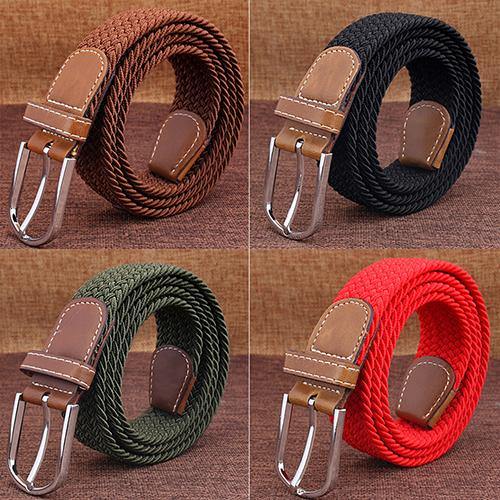 Men's Women's Canvas Plain Webbing Metal Buckle Woven Stretch Waist Belt Strap - MRSLM