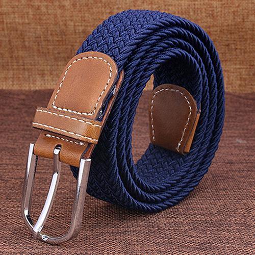 Men's Women's Canvas Plain Webbing Metal Buckle Woven Stretch Waist Belt Strap - MRSLM