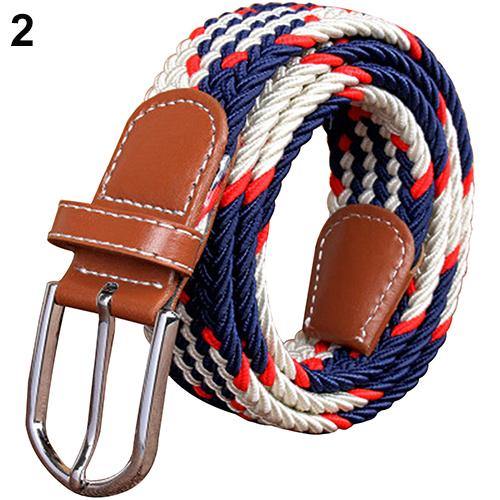 Men's Women's Canvas Plain Webbing Metal Buckle Woven Stretch Waist Belt Strap - MRSLM