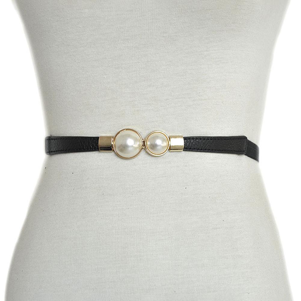 Fashion Women Elastic Faux Pearl Thin Skinny Waistband Waist Belt Dress Decor - MRSLM