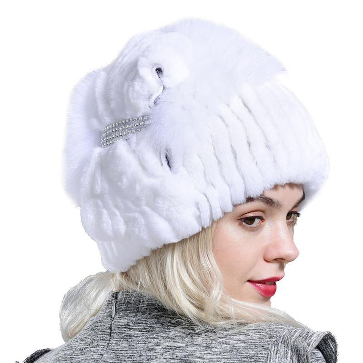 winter warm hats women natural rabbit fur thick diamond fashionable stylish girls outdoor hat accessory white snow caps - MRSLM