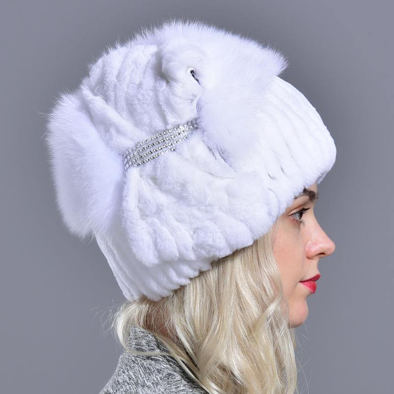 winter warm hats women natural rabbit fur thick diamond fashionable stylish girls outdoor hat accessory white snow caps - MRSLM