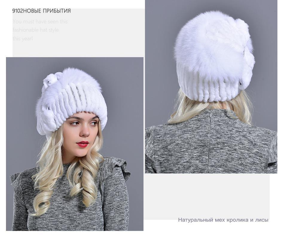 winter warm hats women natural rabbit fur thick diamond fashionable stylish girls outdoor hat accessory white snow caps - MRSLM