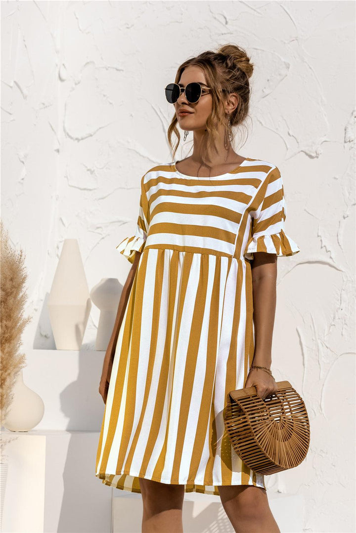 Ruffled Short-sleeved Striped Stitching Contrast Pocket Loose Dress - MRSLM