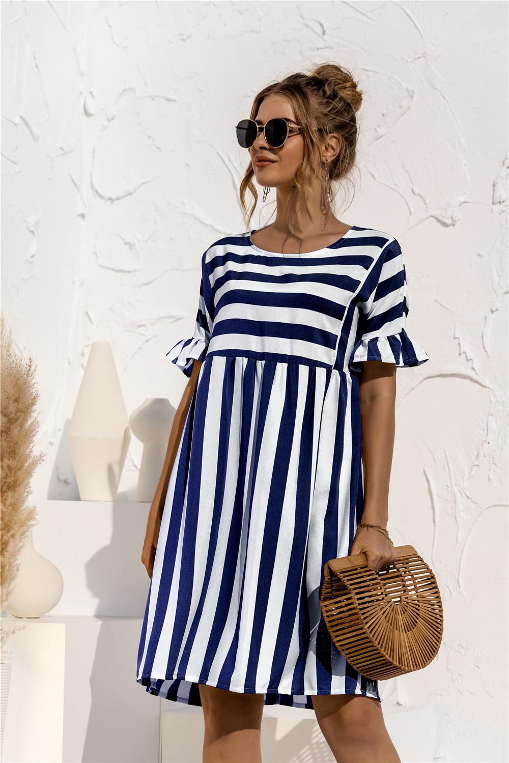 Ruffled Short-sleeved Striped Stitching Contrast Pocket Loose Dress - MRSLM