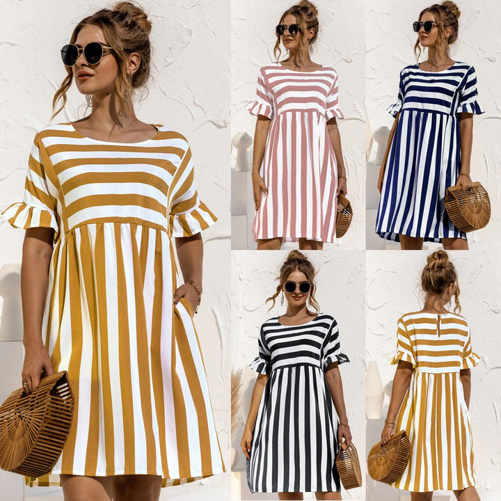 Ruffled Short-sleeved Striped Stitching Contrast Pocket Loose Dress - MRSLM