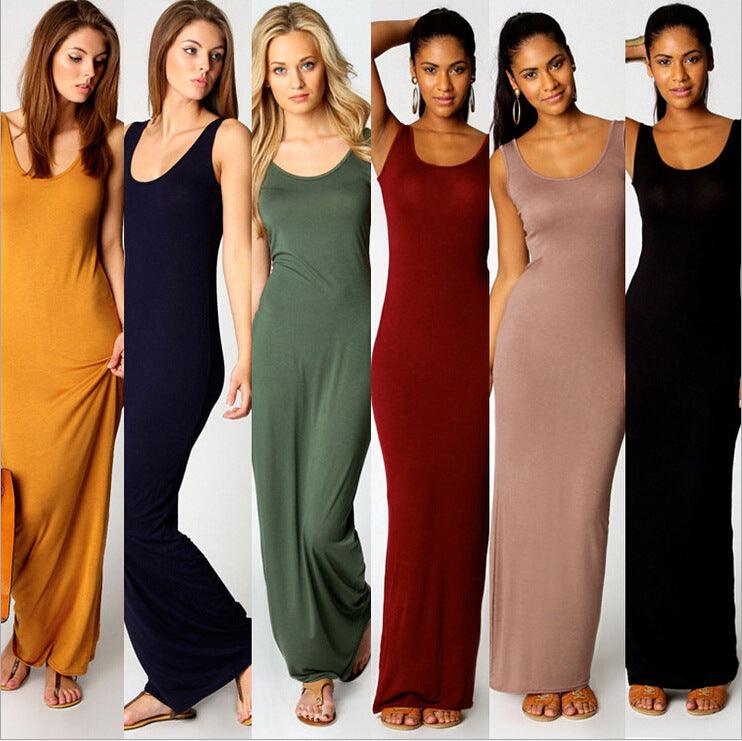 Elegant High Stretch Tank Robe Spring Summer Thin Long Dress O-neck Sleeveless - MRSLM