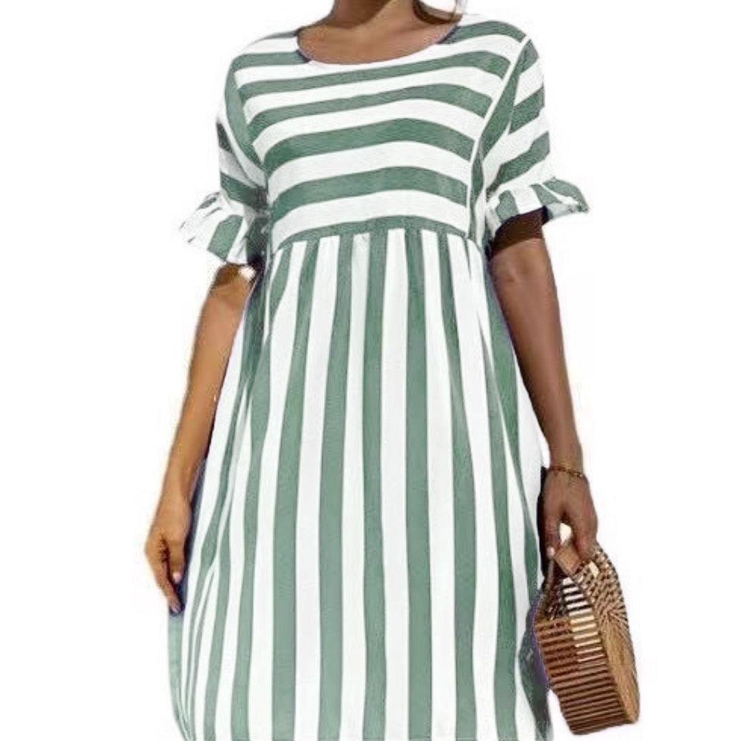 Ruffled Short-sleeved Striped Stitching Contrast Pocket Loose Dress - MRSLM