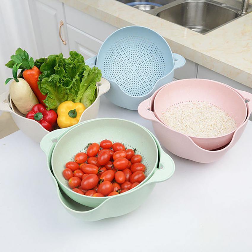 Multi-purpose Kitchen Drain Basket Bowl Double-layer Rotating Washing Vegetables Drain Basin Cleaning Fruit Drain Storage Basket - MRSLM