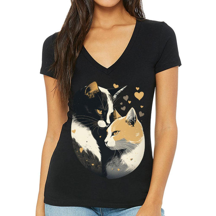 Cat Love Women's V-Neck T-Shirt - Couple Style V-Neck Tee - Printed T-Shirt - MRSLM