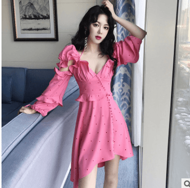 2021 spring new women's wave point ruffled irregular dress seaside holiday a generation - MRSLM