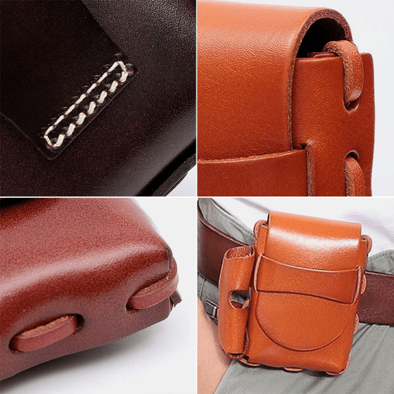 Men Genuine Leather Cigaret Case Storage Bag Retro Waterproof Waist Bag Belt Bag - MRSLM