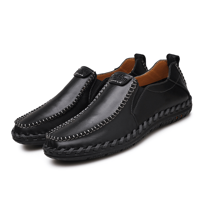 Men Hand Stitching Sfot Leather Non Slip Sole Comfy Slip-On Casual Driving Shoes - MRSLM