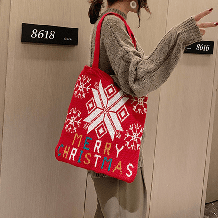 Women Wool Christmas Tree Snowflake Letter Pattern Casual Festive Handbag Tote Shoulder Bag - MRSLM