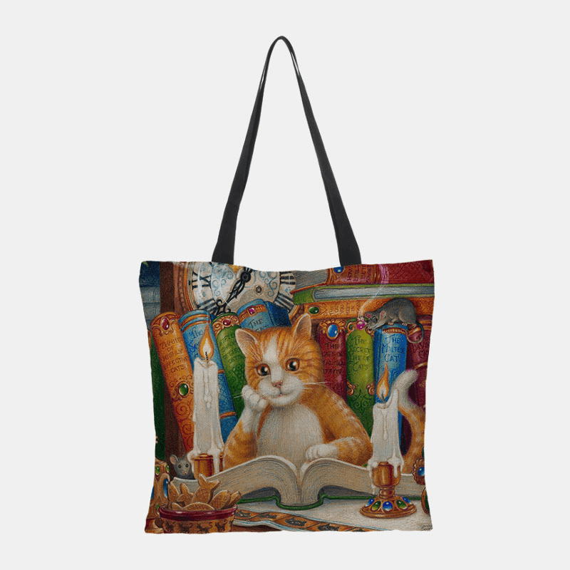 Women Canvas Cute Cartoon Oil Painting Cats Printing Waterproof Shopping Bag Shoulder Bag Handbag - MRSLM