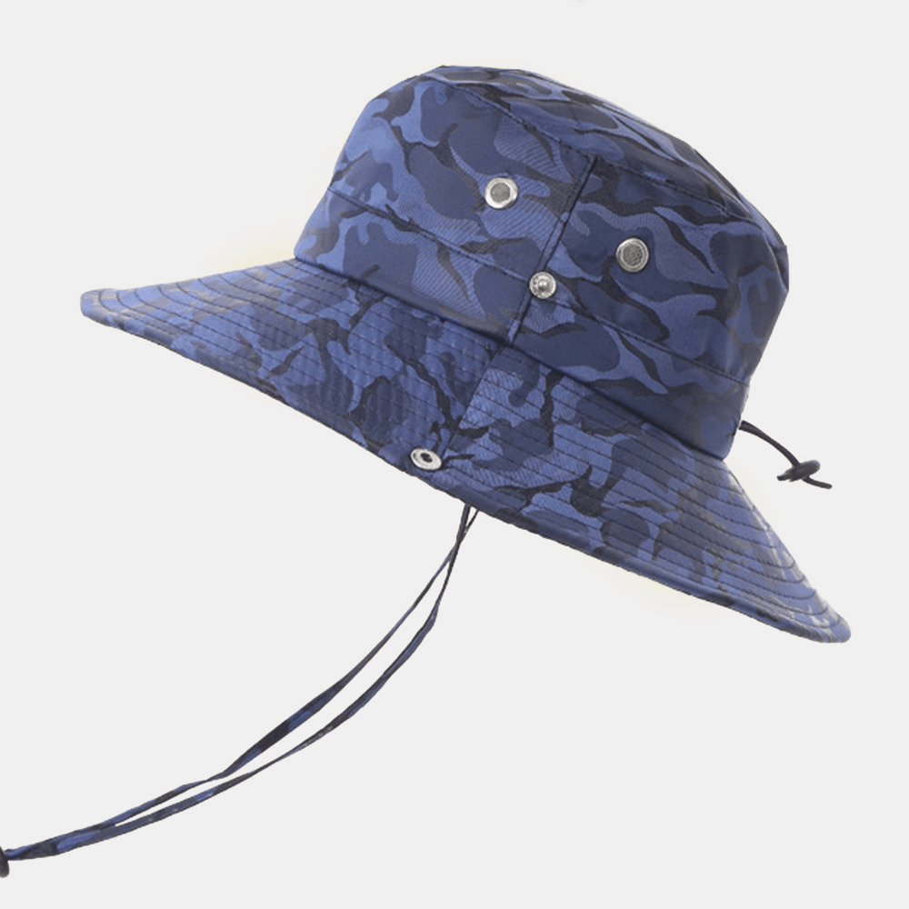 Men Camouflage Big Brim Windproof Rope Outdoor Fishing Climbing Anti-Uv Sunshade Bucket Hat - MRSLM