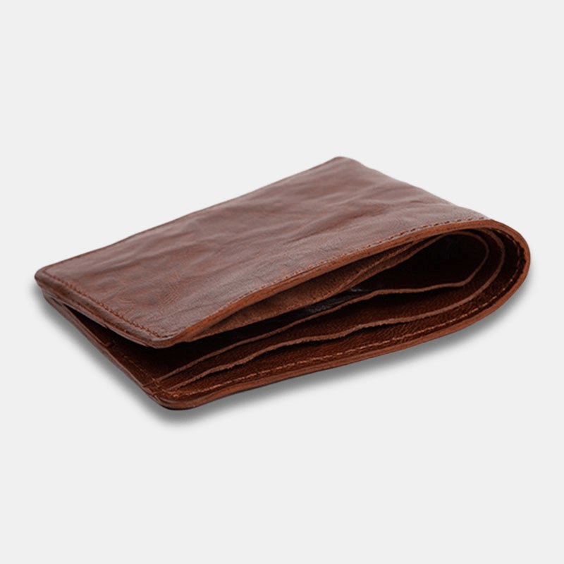 Men Genuine Leather Vintage Business Vegetable Tanned Cowhide Wear-Resistant Bifold Short Money Clips Coin Wallet - MRSLM