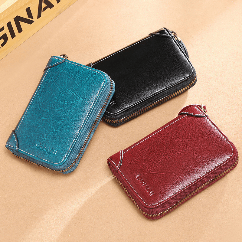 Women 12 Card Slots Rfid Genuine Leather Short Zipper Coin Purse Wallet - MRSLM