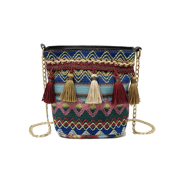 Women Weaving Tassel National Crossbody Bag Chic Bucket Bag - MRSLM