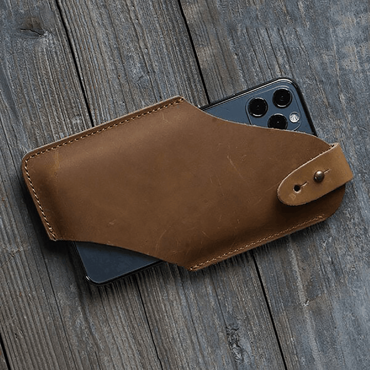 Men Genuine Leather Ultra-Thin Horizontal Tactical 6.5 Inch Phone Bag Belt Sheath - MRSLM