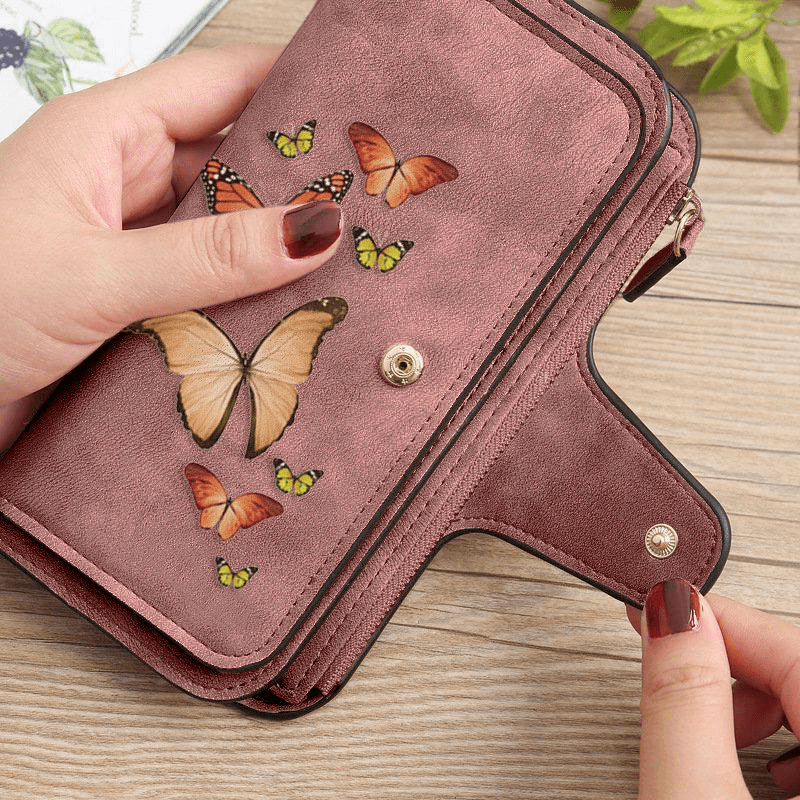 Women Butterfly Four Fold Wallet Purse 14 Card Slot 5.5 Inch Phone Bag - MRSLM