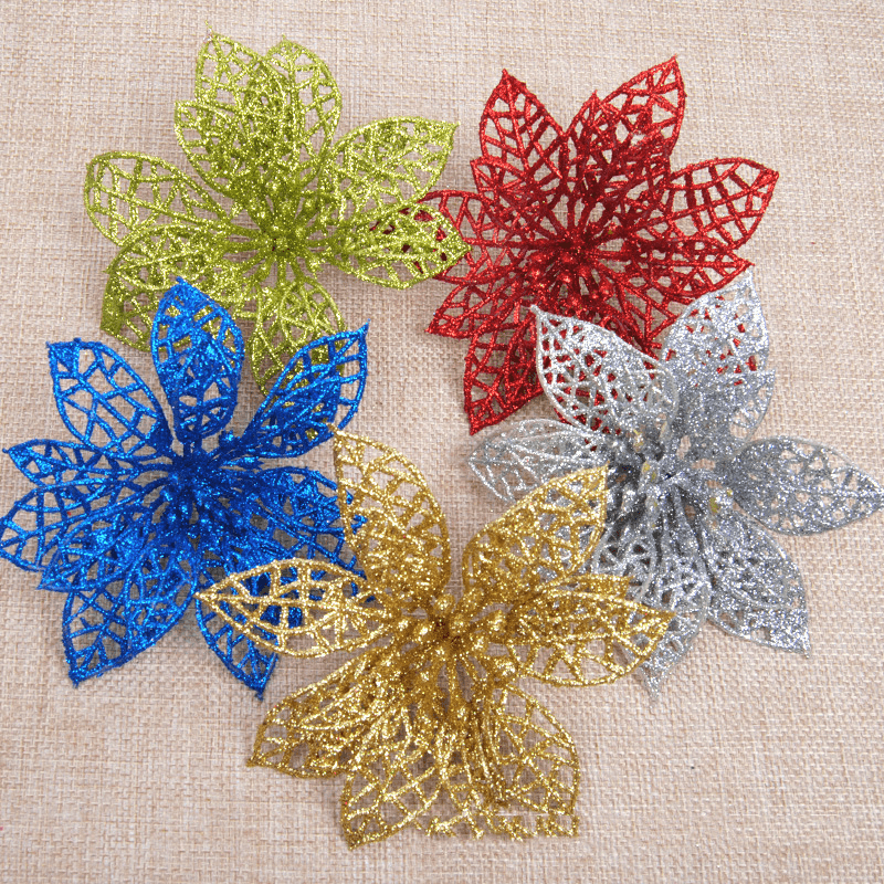 10Pcs Christmas Glitter Hollow Flower Decoration Flowers for Christmas Trees New Year Decorations Wedding Party Decor - MRSLM