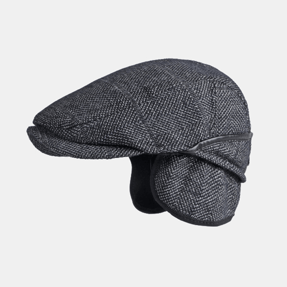 Men Solid Color Ear Protection Earmuffs Design Windproof Flat Hat British Retro Thicken Warm Beret Cap Forward Hat - MRSLM