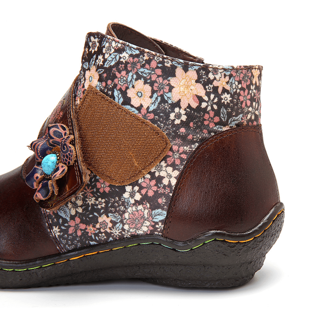 Retro Small Flowers Colorful Stitching Soft Leather Boots - MRSLM