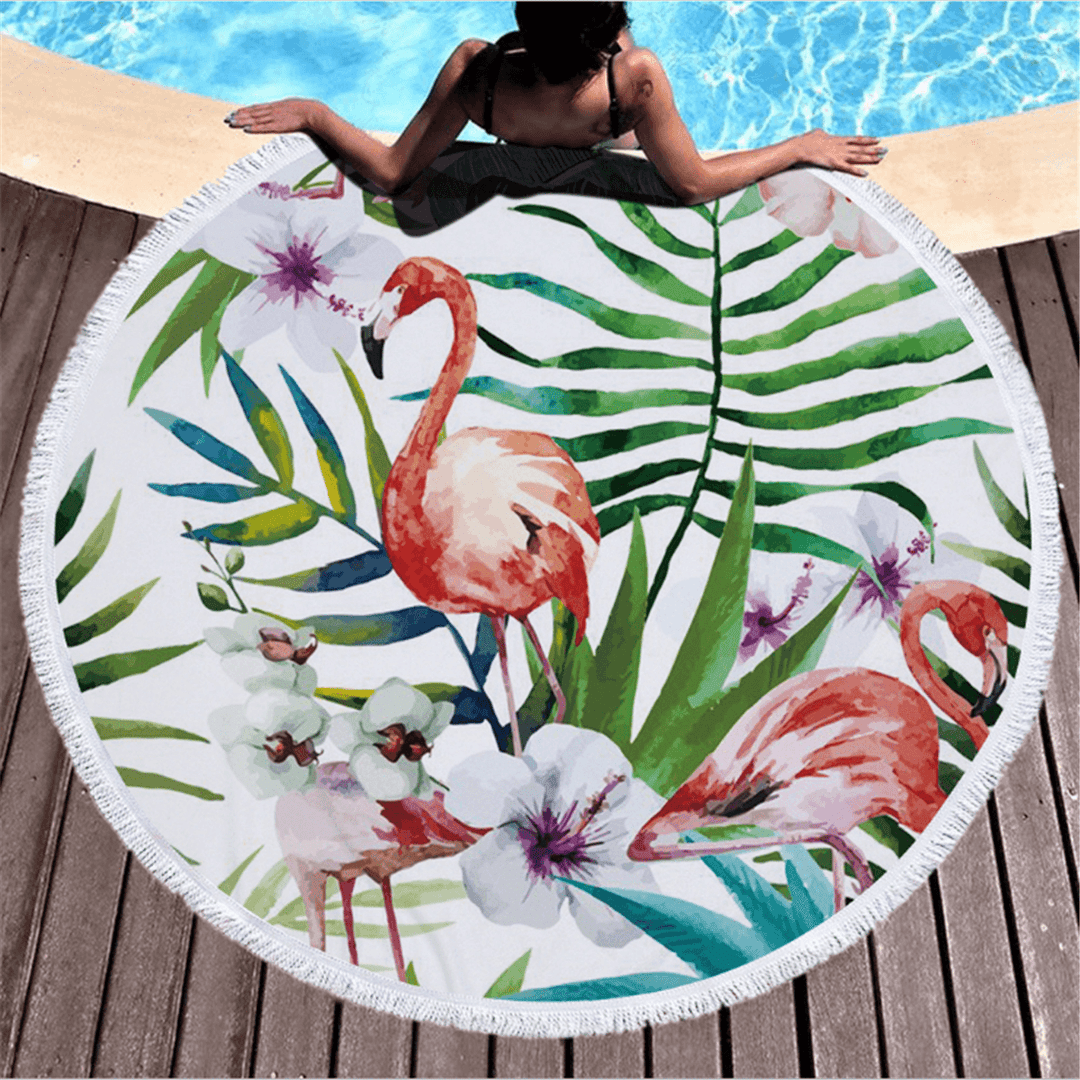 Fashion Flamingo 450G round Beach Towel with Tassels Microfiber 150Cm Picnic Blanket Beach Cover Up - MRSLM