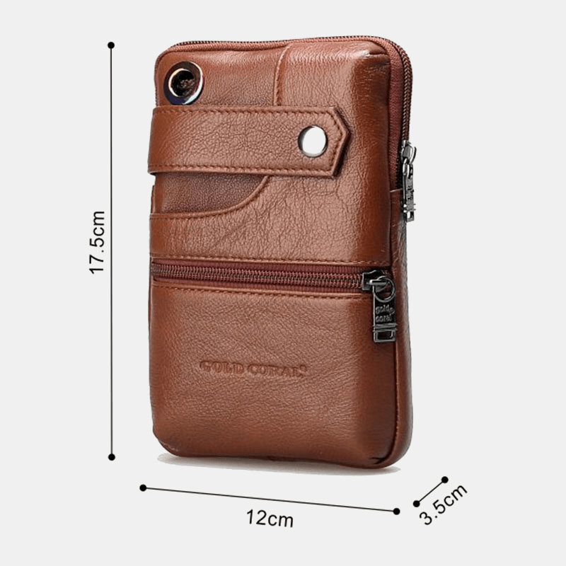 Men Genuine Leather Retro Business Double Layers 6.5 Inch Phone Bag Waist Bag with Belt Loop - MRSLM