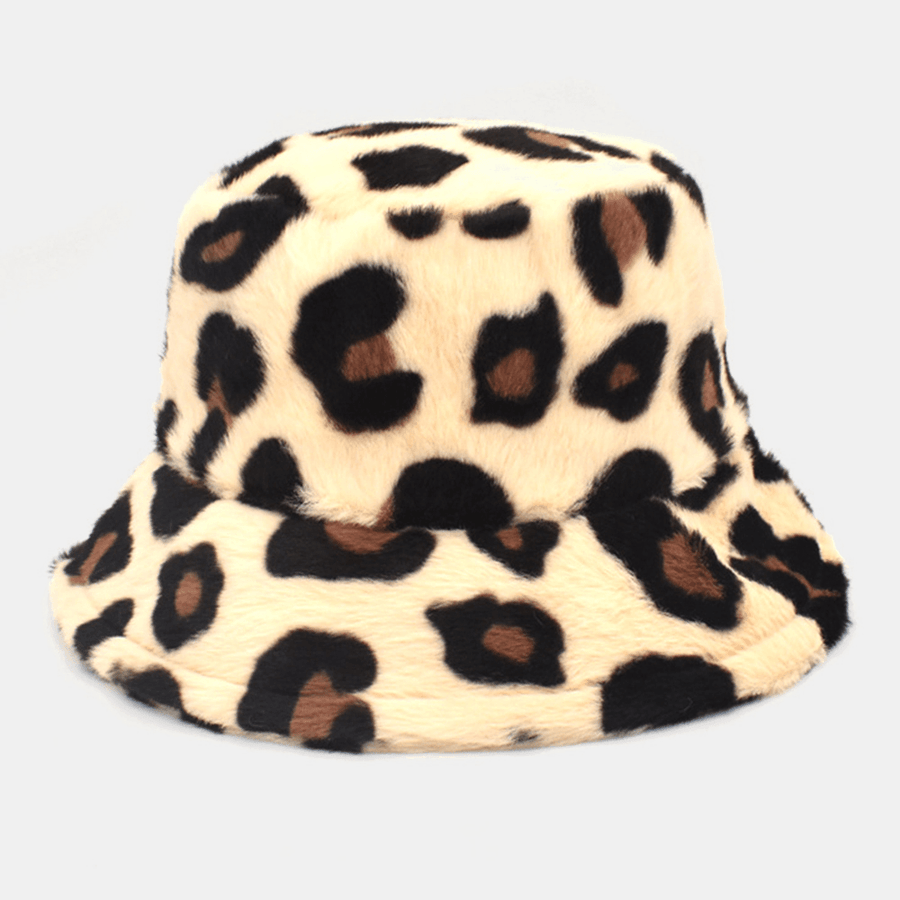 Unisex Plush Soft Warm Casual All-Match Cute Leopard Pattern Bucket Hat - MRSLM