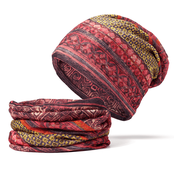 Women Cotton Ethnic Plaid Multifunctional Beanie Hat Scarf Vintage Good Elastic Turban Caps - MRSLM