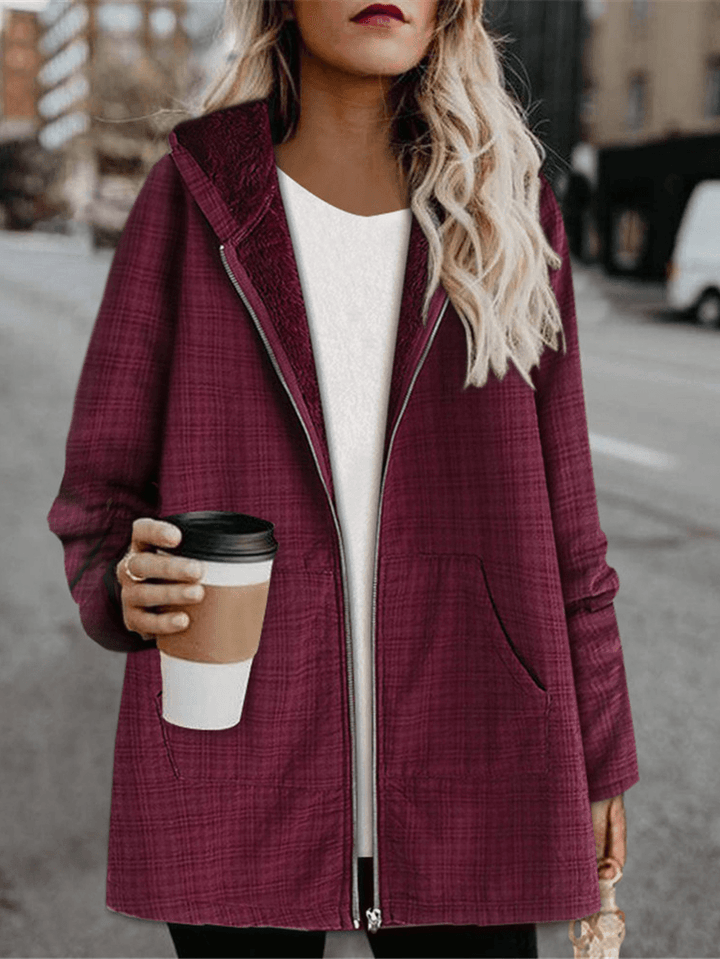 Women Fleece Long Sleeve Plaid Casual Coats with Pocket - MRSLM