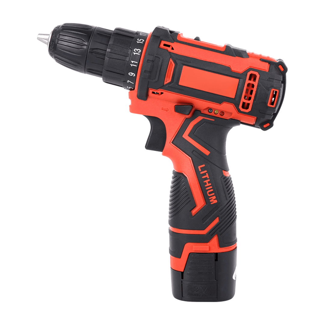 12V Electric Drill Cordless Wireless Rechargeable Electric Screwdriver Drill Set LED W/ 1/2 Batteries Wood Metal Plastic Drilling Tool - MRSLM